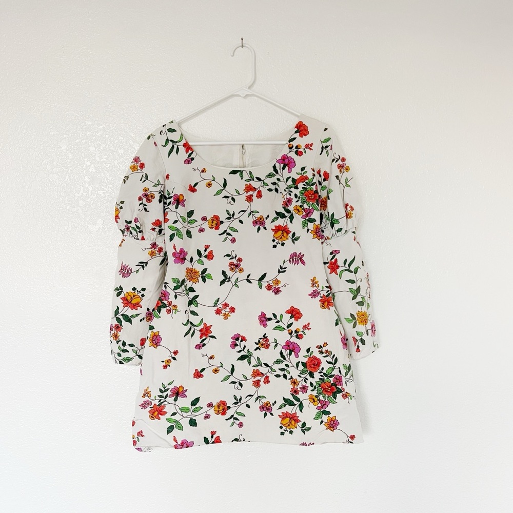 Vintage 1970s Floral Puff Sleeve Dress Mod Flower Mini Kristine Garden Regency M